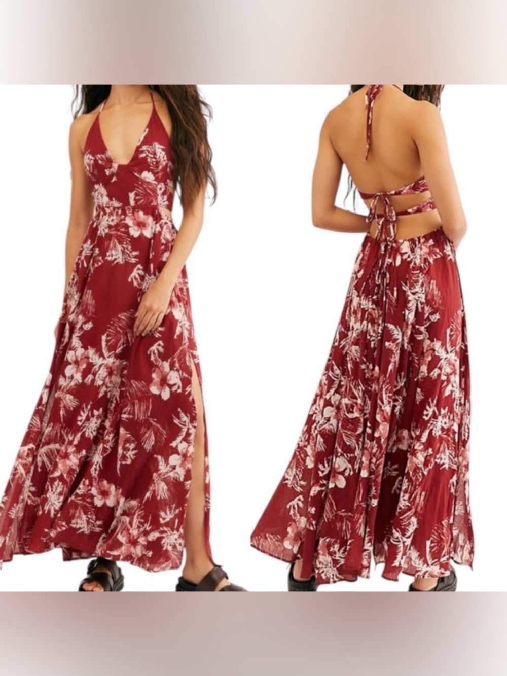 Free People Lillie Tropical Floral Burgundy Maxi Dress